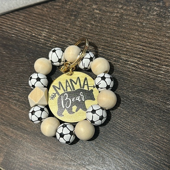 NWT Soccer ⚽️ MAMA BEAR Keychain Wristlet large wooden beads with Soccer Ball - Picture 1 of 4